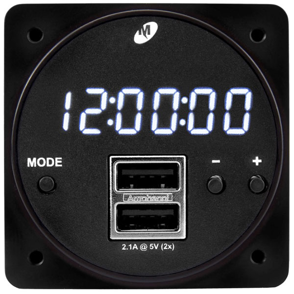 6420093-1, Model MD93 Digital Clock/USB Charger, 2", 10–32 VDC, Digital, Dual USB